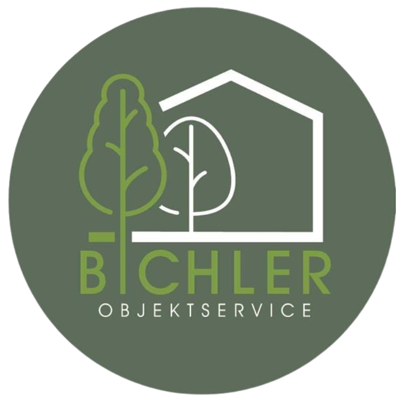 Logo Bichler Objektservice: zwei Bäume vor einem Haus auf grünem Hintergrund